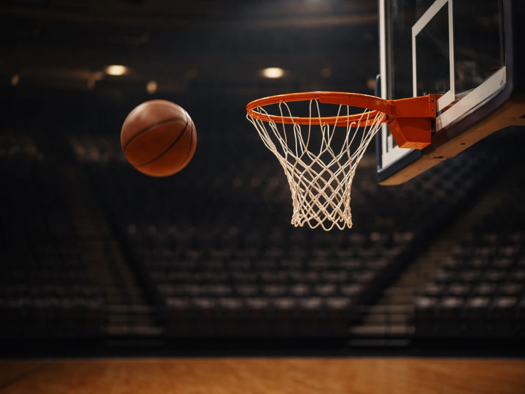 Anonymous basketball action in a quiet arena, symbolizing an NBA player and sports fortune interest.