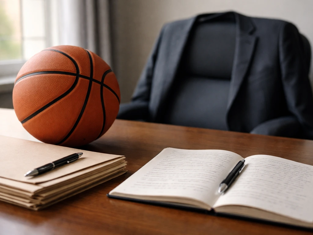 Anonymous NBA player suit jacket over a chair beside a basketball on a desk with contract folders, natural light.