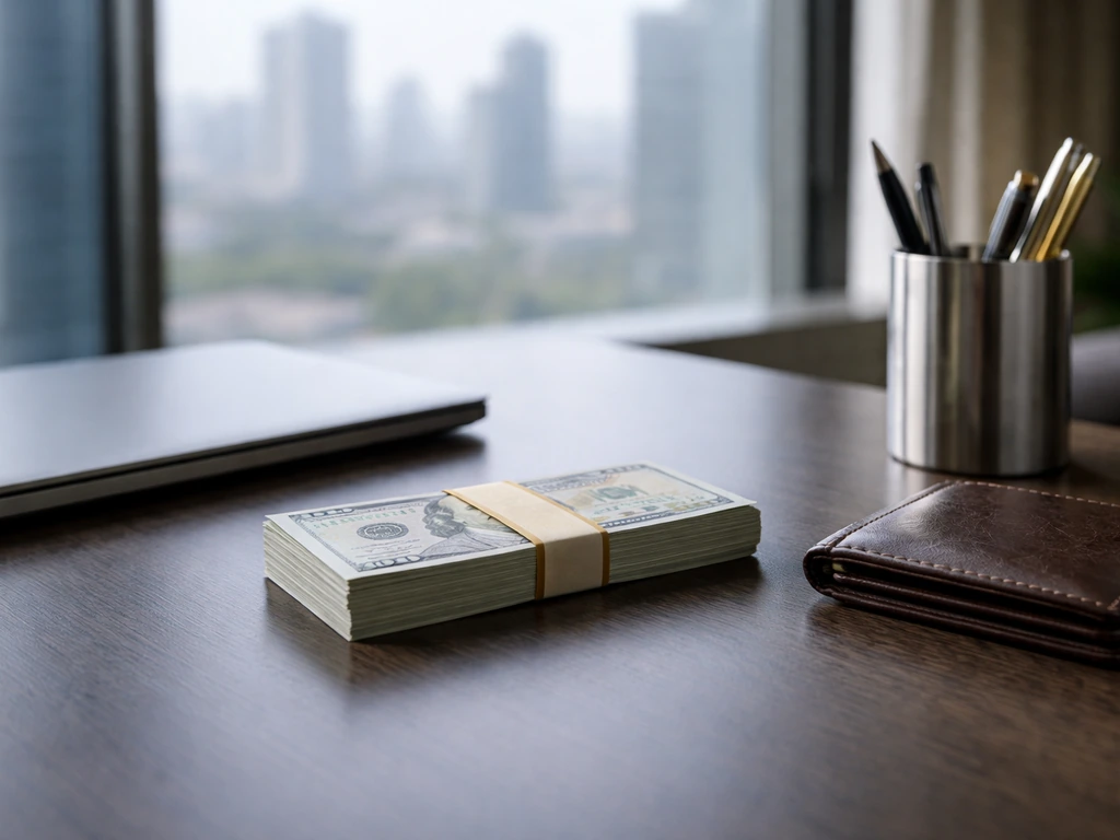 Minimal luxury office scene with money symbolism—cash and a laptop on a desk, no people.