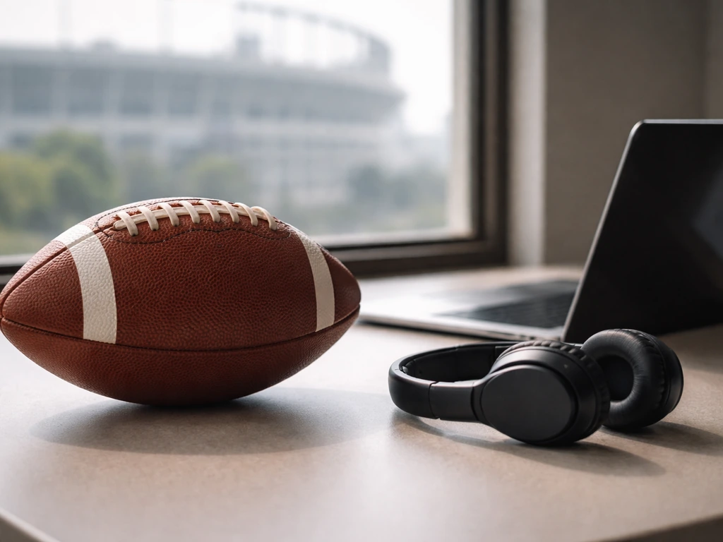 NFL quarterback-themed scene with a football and a laptop on a desk, symbolizing sports earnings research.