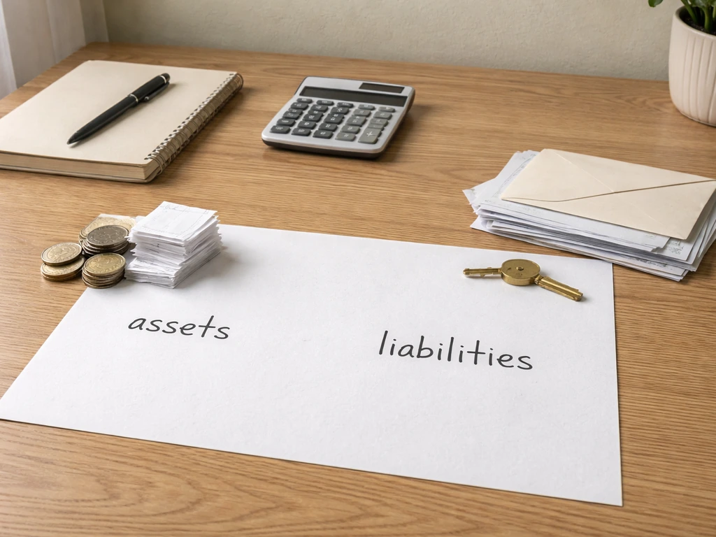 Minimal desk scene with small items symbolizing assets and liabilities for a net worth equation.