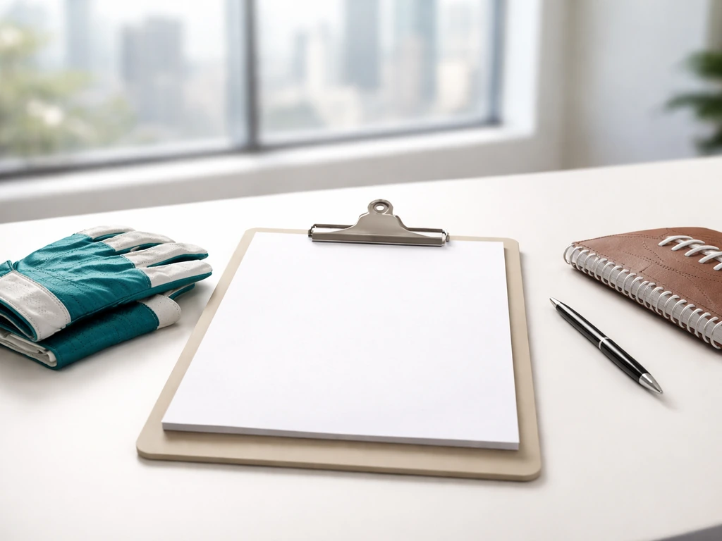 Minimal photo of a football clipboard and practice gear beside a laptop, symbolizing a short NFL 2006 contract window