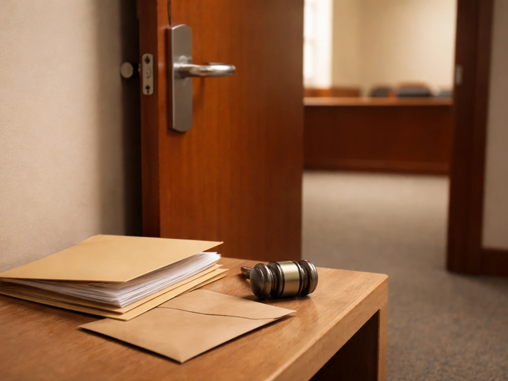 Courthouse door and bench with sealed documents and a gavel, symbolizing a public lawsuit record.