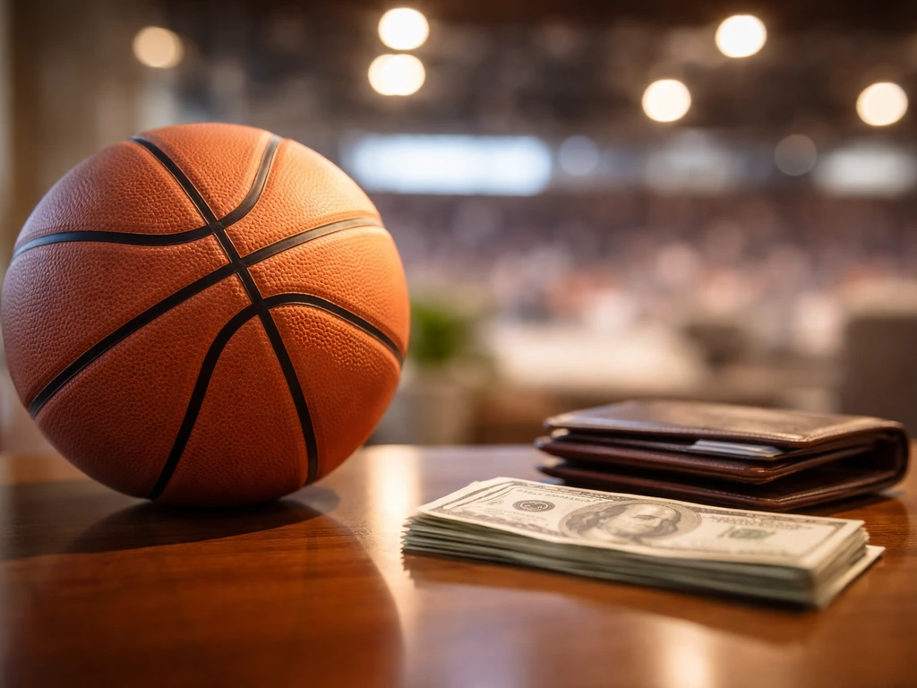 Basketball and money symbols in a quiet office setting to represent NBA career and net worth concept