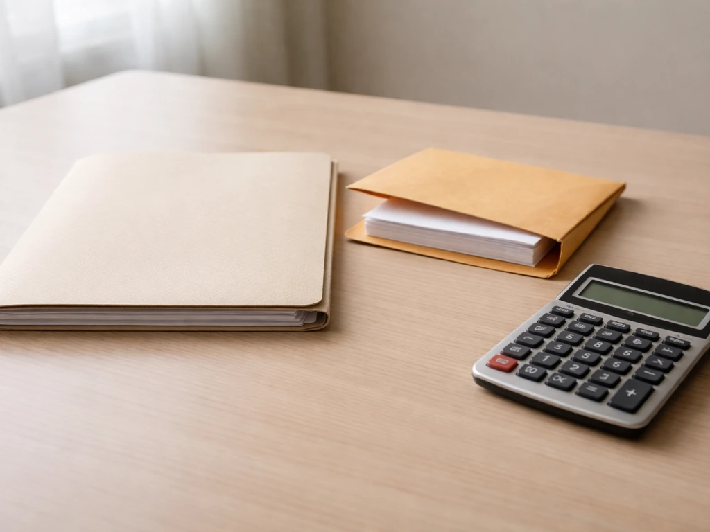 Office desk with business paperwork folder, contract envelope, and calculator symbolizing side income