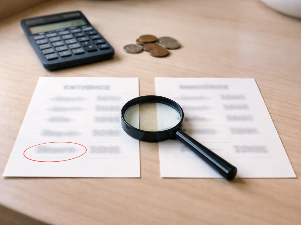 Minimal desk photo with two blank estimate cards showing different blurred numbers and a magnifying glass for comparison
