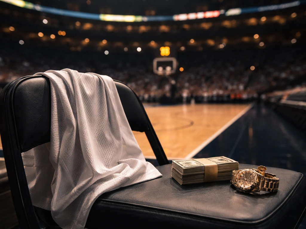 Empty NBA arena scene with a jersey on a chair and luxury items suggesting current estimated net worth