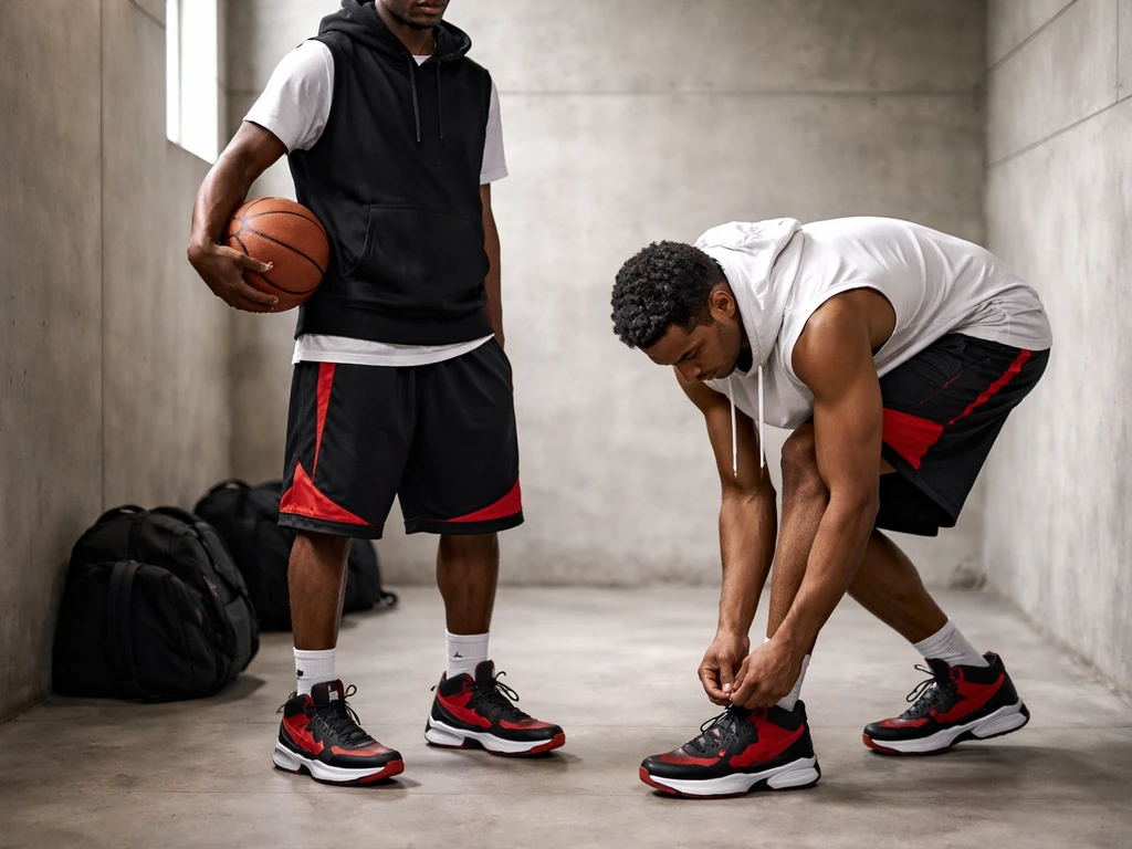 Two anonymous basketball players in black-and-red sneakers with a basketball in a quiet hallway.