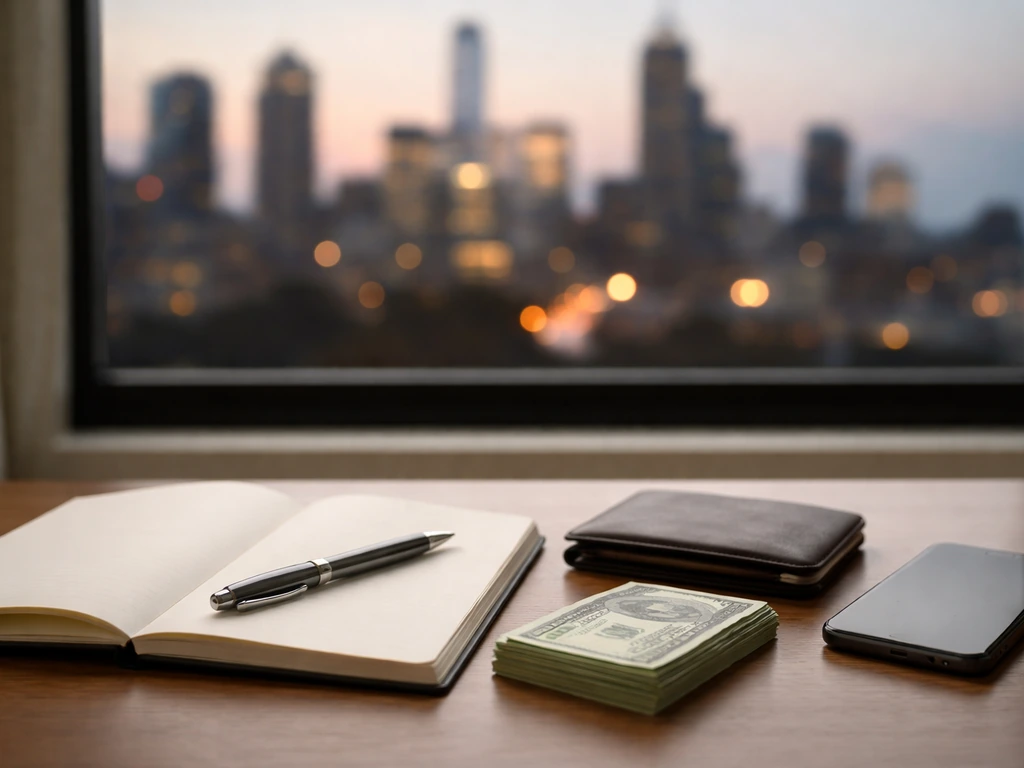 Minimal desk with wallet and cash beside a blank notebook and pen, city bokeh in the background.