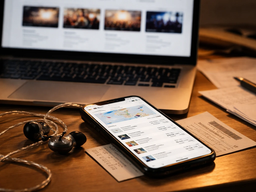 Close-up of a phone and laptop on a desk beside concert tickets and in-ear monitors for live touring research.