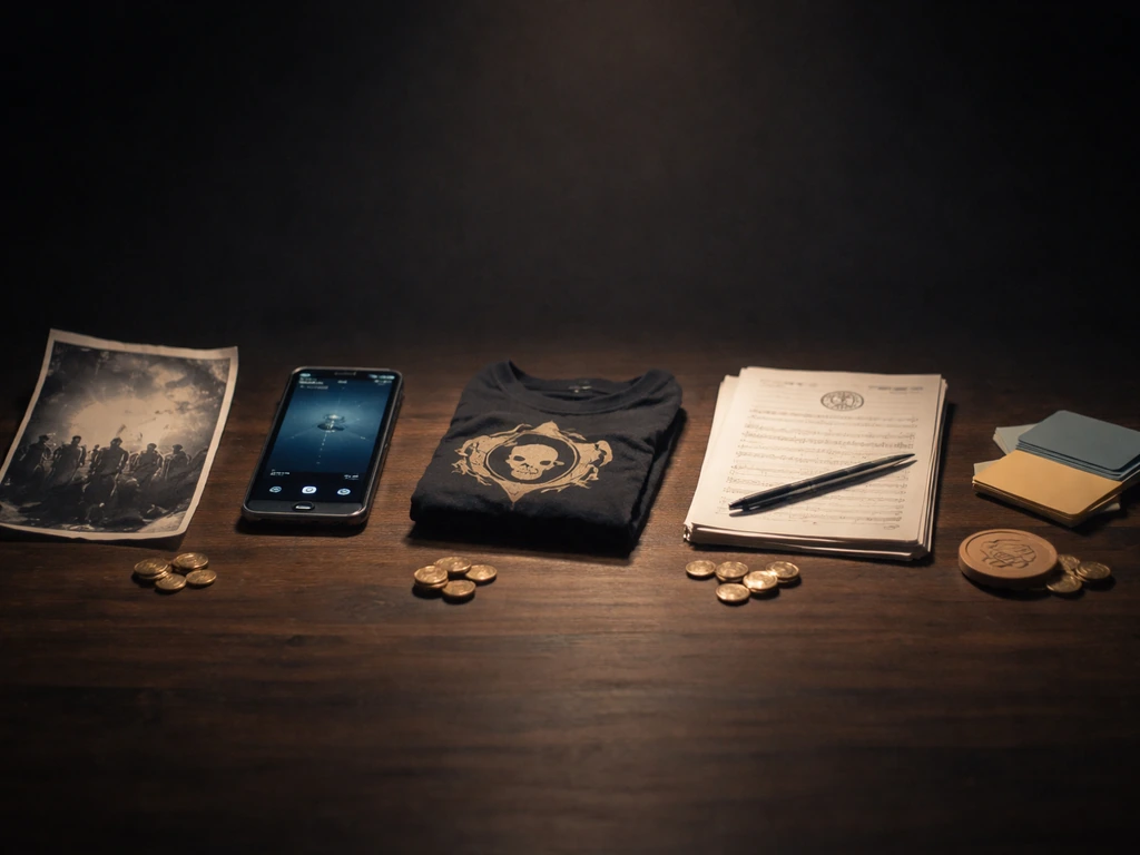 Minimal money-flow scene with music tour poster, streaming device, merch tee, publishing sheet, and partnership icon