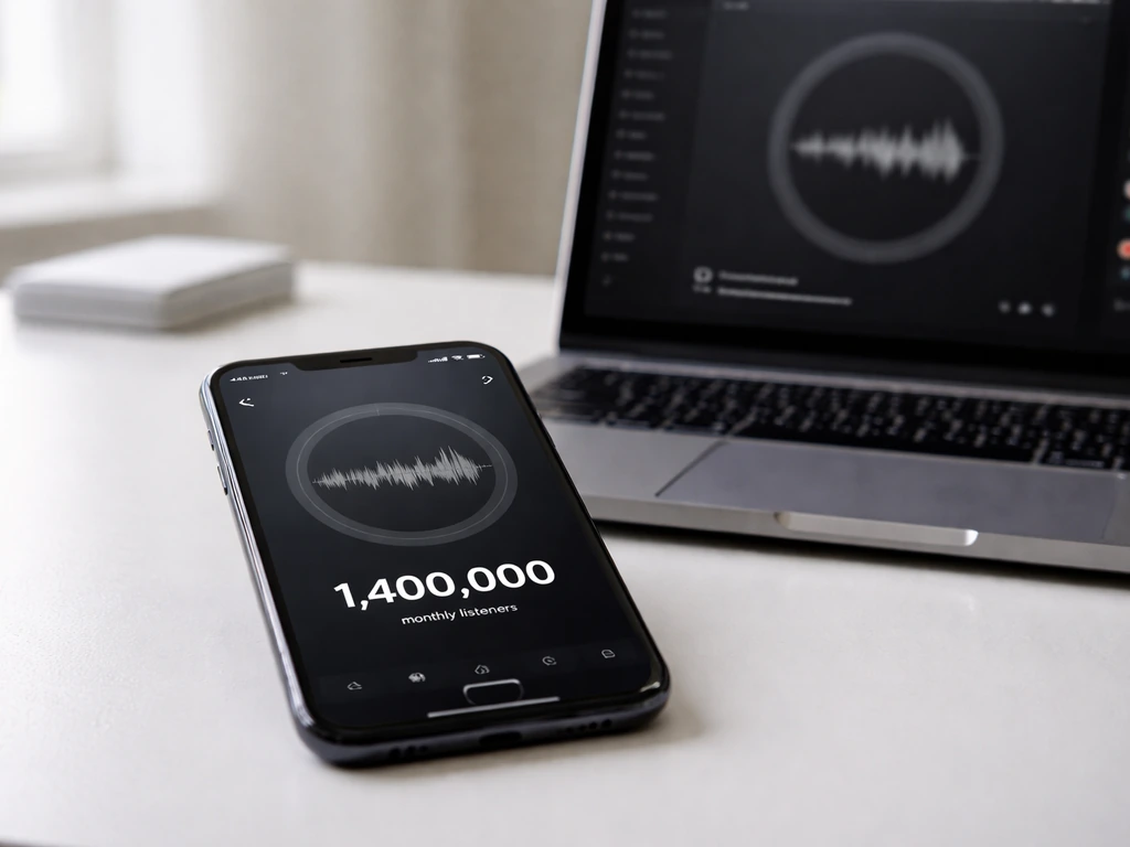 Close-up of a smartphone showing a music listening dashboard with a monthly listener number, no logos