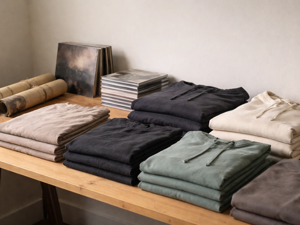 Table of official band merch with vintage-style t-shirts and a nearby stack of vinyl and CD covers