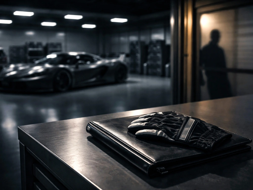 High-contrast motorsports executive vibe in a quiet garage with racing car and subtle wealth-focused lighting