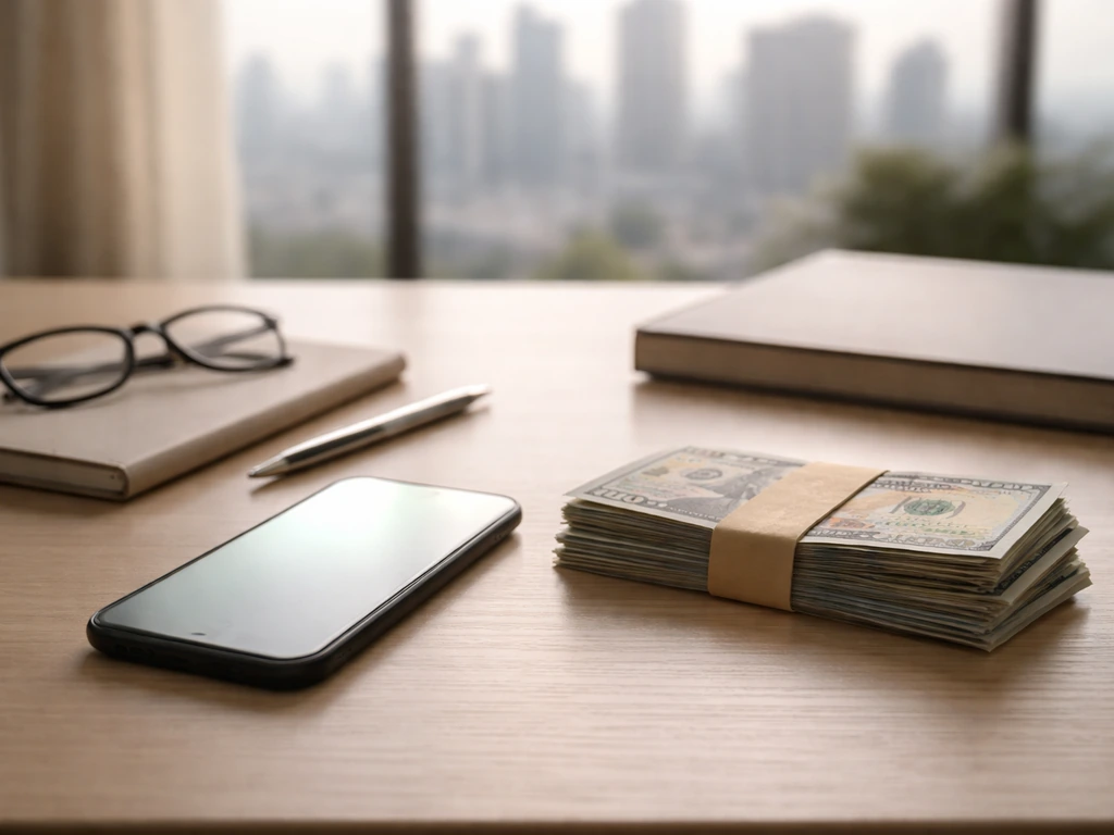 Minimal office desk with smartphone and cash notes, symbolizing a net worth estimate range and financial analysis.