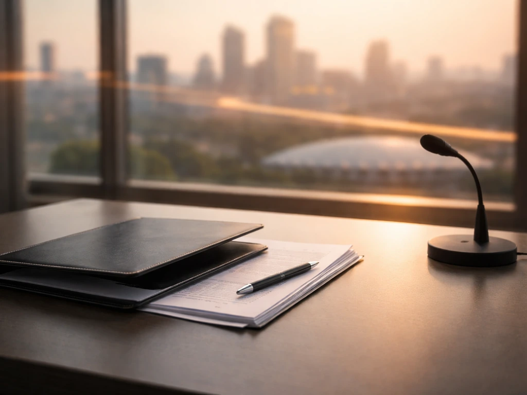 Executive desk with documents and pen; blurred skyline and sports venue outside the window, warm light.