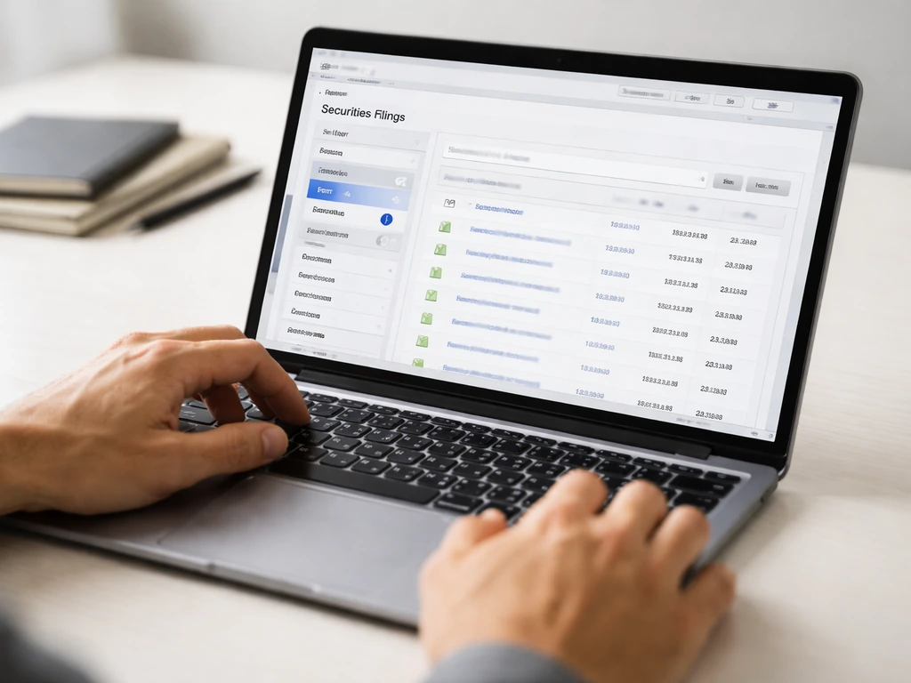 Close-up of hands using a laptop to check an SEC filing page, with focus on filters and form selection.