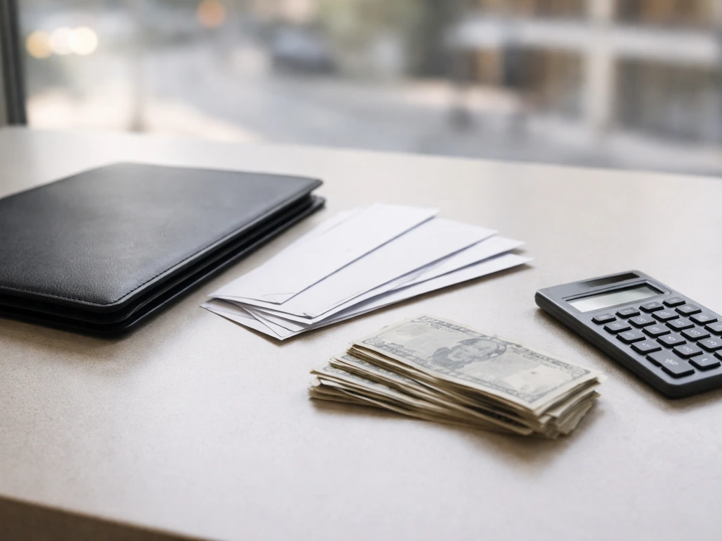 Minimal desk scene with scattered envelopes and a calculator, symbolizing differing money estimates