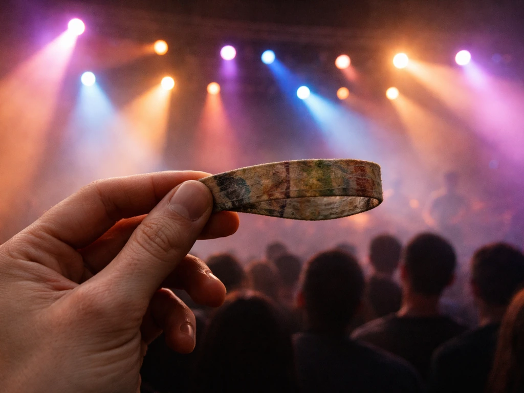 Hand holding a worn wristband near a lit concert stage with soft crowd bokeh in the background.