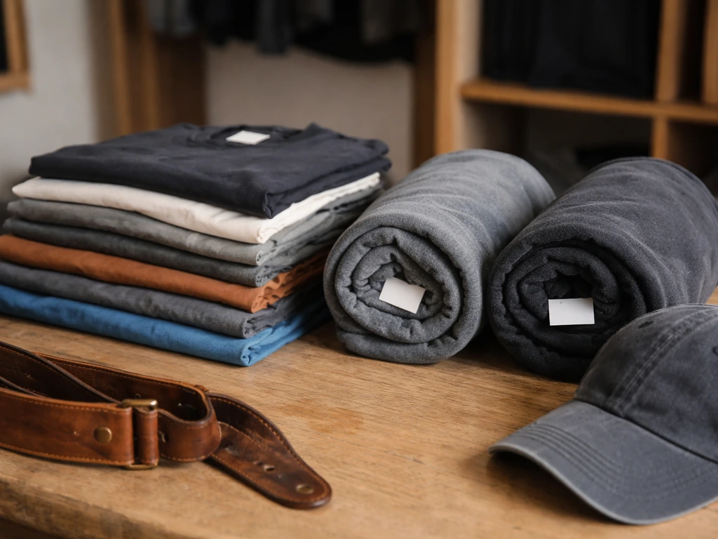 Close-up of folded band merch on a wooden counter—shirts, hoodies, strap, and cap in soft natural light