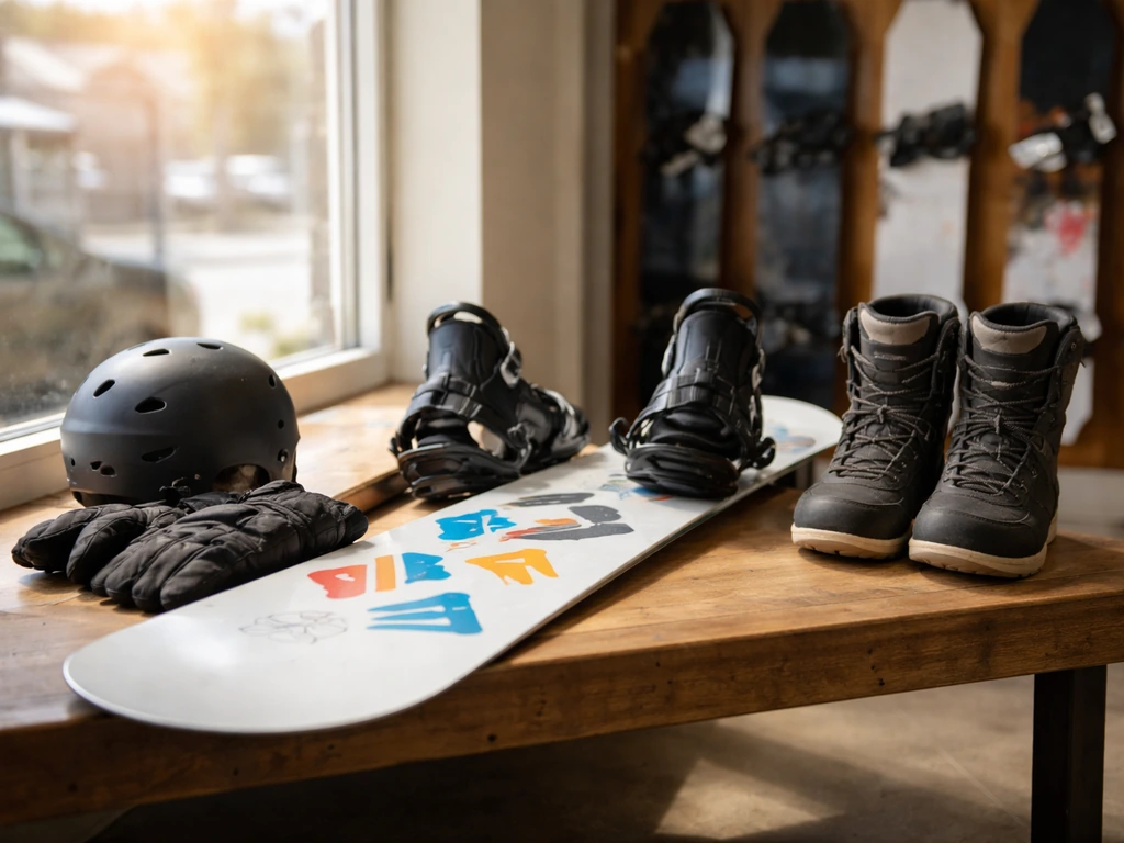 Snowboard gear neatly arranged beside a window with a softly blurred snowboard shop background.