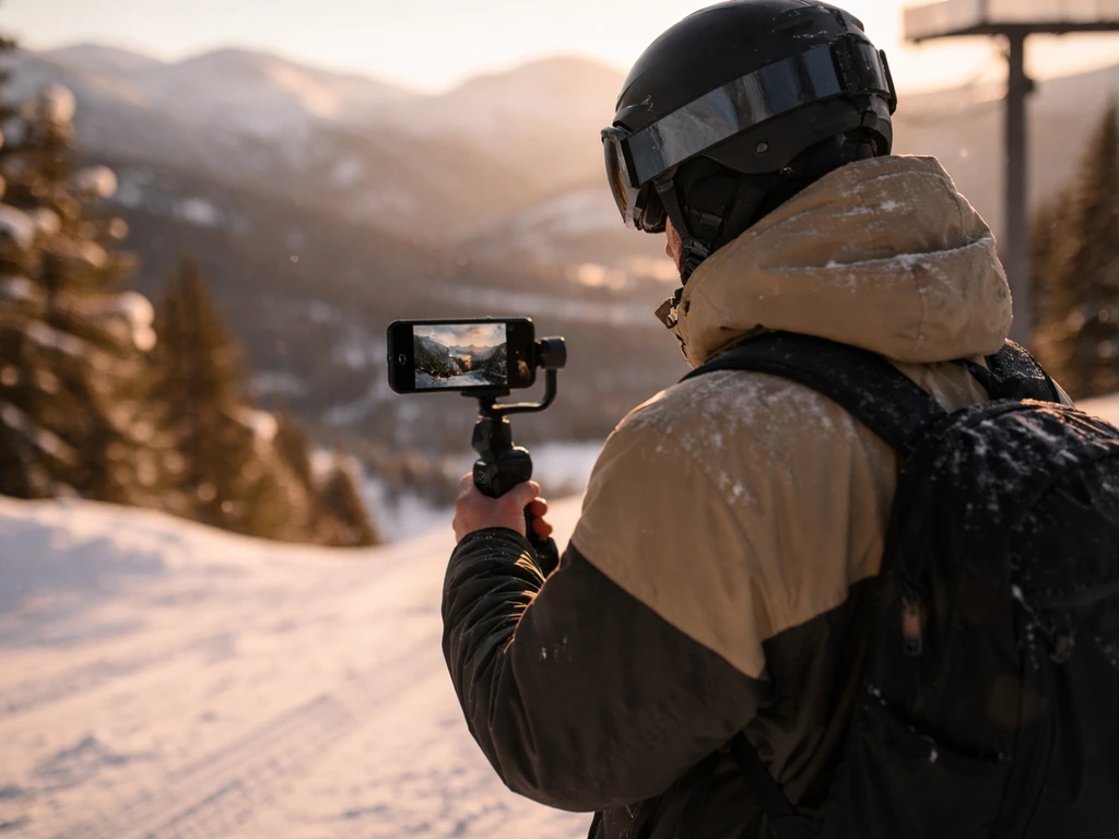 Snowboarder filming with a smartphone outdoors in a snowy mountain setting at golden hour