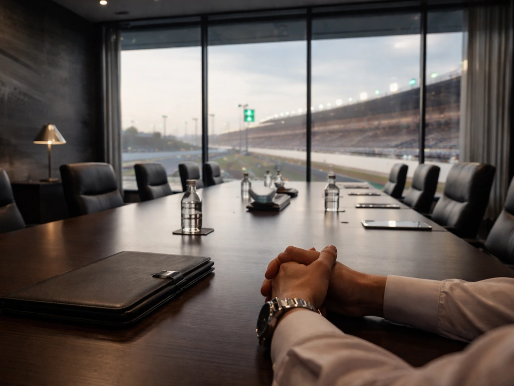 Executive boardroom overlooking a racetrack at Speedway Motorsports, symbolizing NASCAR business success
