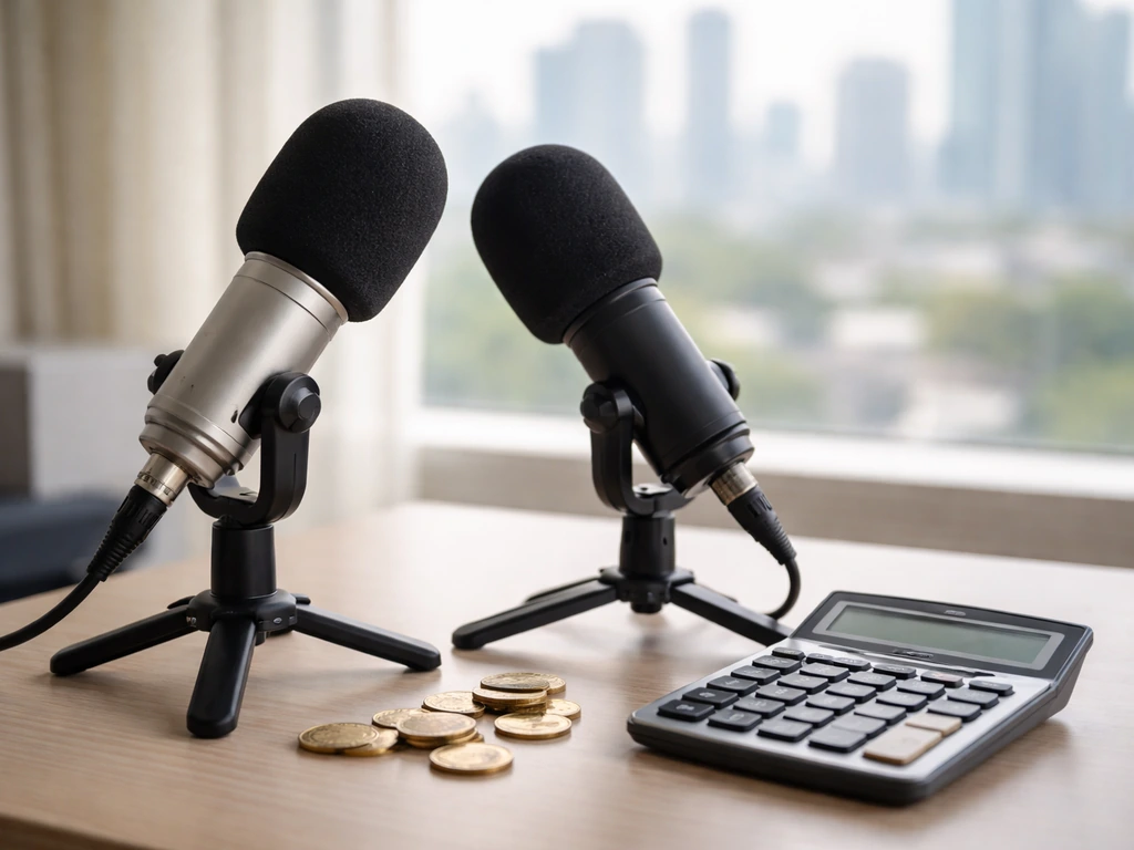 Two microphones in a simple studio with a calculator and scattered coins beside them, symbolic of differing finance repo