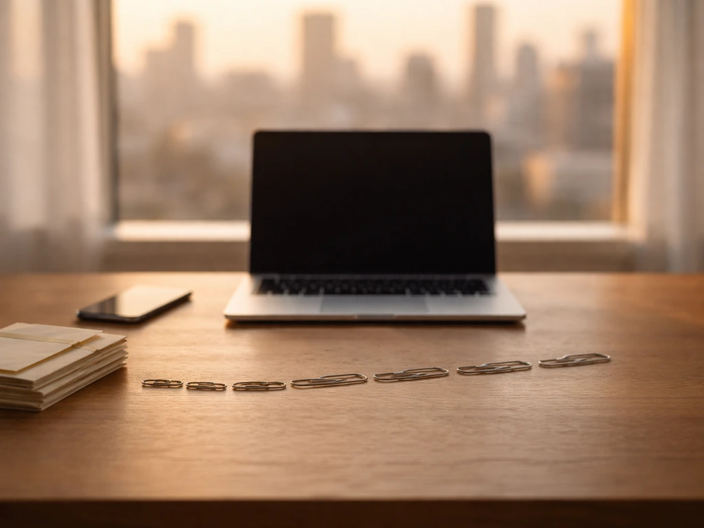 Minimal desk scene with laptop and arranged paper clips suggesting a career timeline progression.