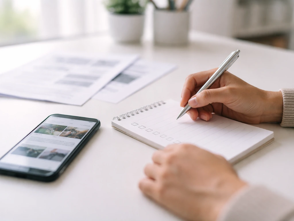 Minimal desk scene with a checklist-style notepad, smartphone, and documents to verify financial estimates