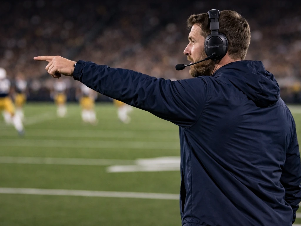 Anonymous Notre Dame coach on the sideline gesturing during a football game under stadium lights.