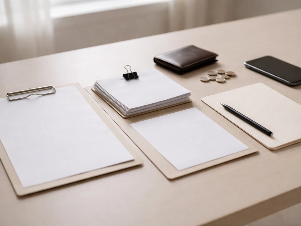 Minimal business desk with blank papers, wallet, and coins suggesting known vs. estimated wealth verification.
