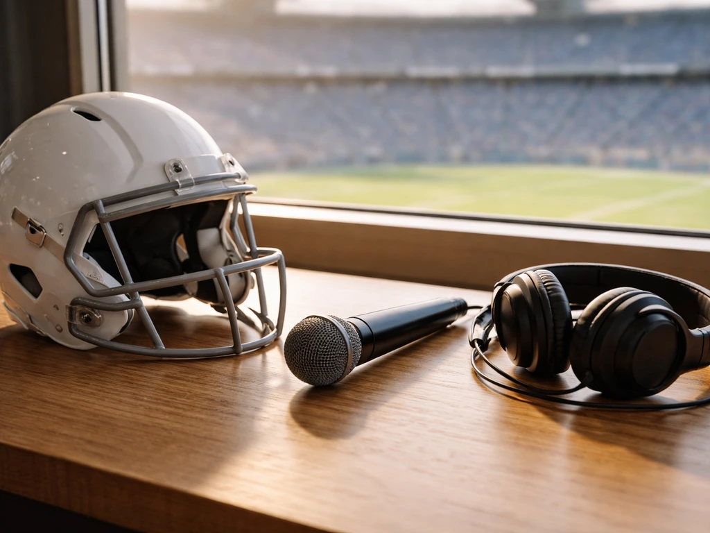 NFL-themed media desk with a football helmet, microphone, and headphones against a blurred stadium background.