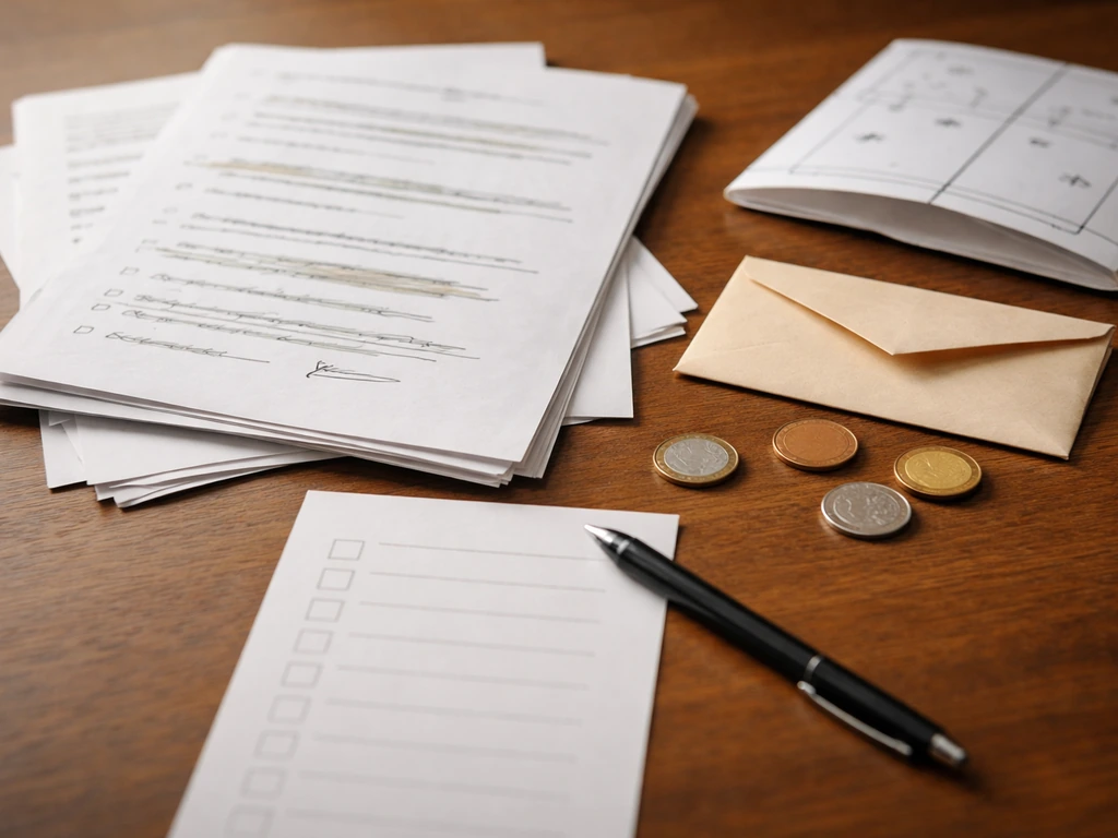 Close-up of unbranded contract papers, a pen, and bonus-like tokens on a simple desk