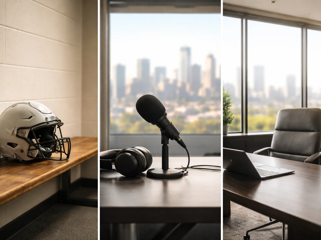 Three-panel timeline of rookie helmet, studio mic media scene, and minimalist wealth office chair.