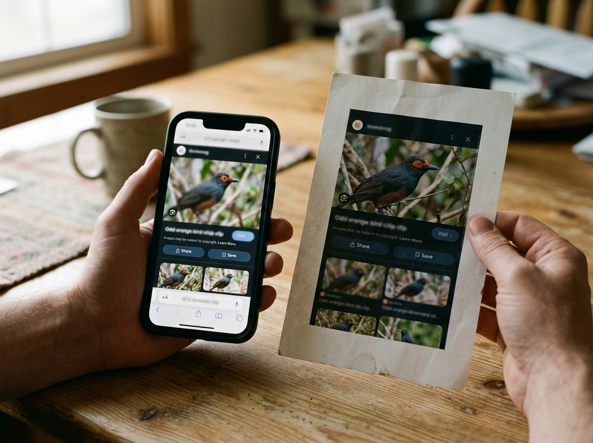 Hands starting a reverse image search with a screenshot of the bird claim.