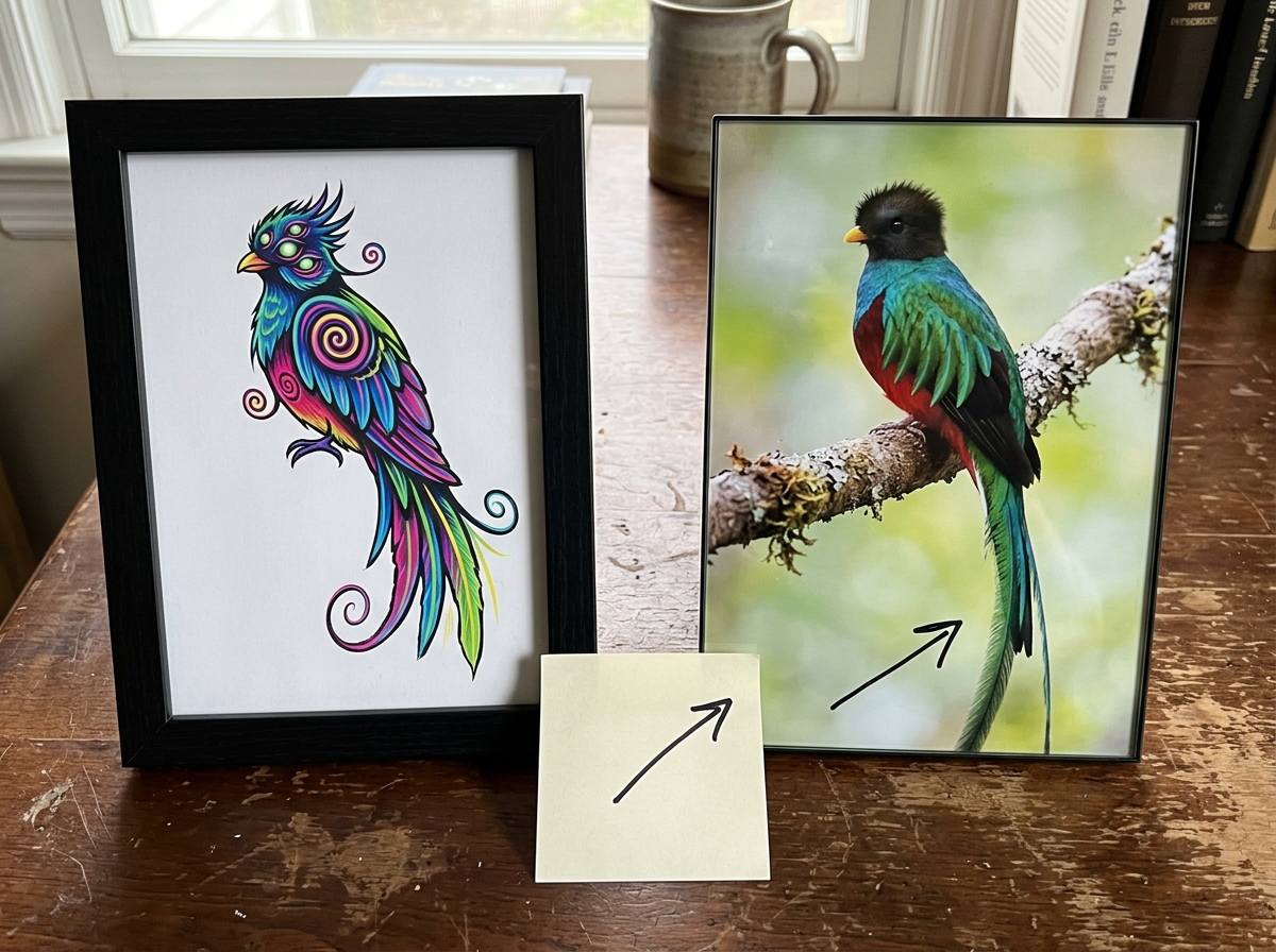 Side-by-side comparison of meme-like bird frame versus real bird photo.