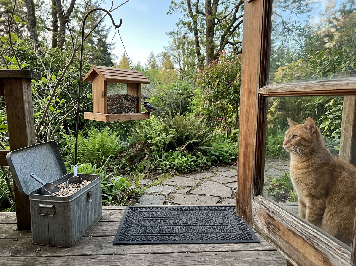 Cat kept inside while birds feed outside near a window.