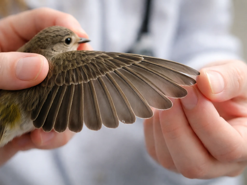 Closeup of a bird wing with primary flight feathers separated, showing trimmed area vs uncut feathers