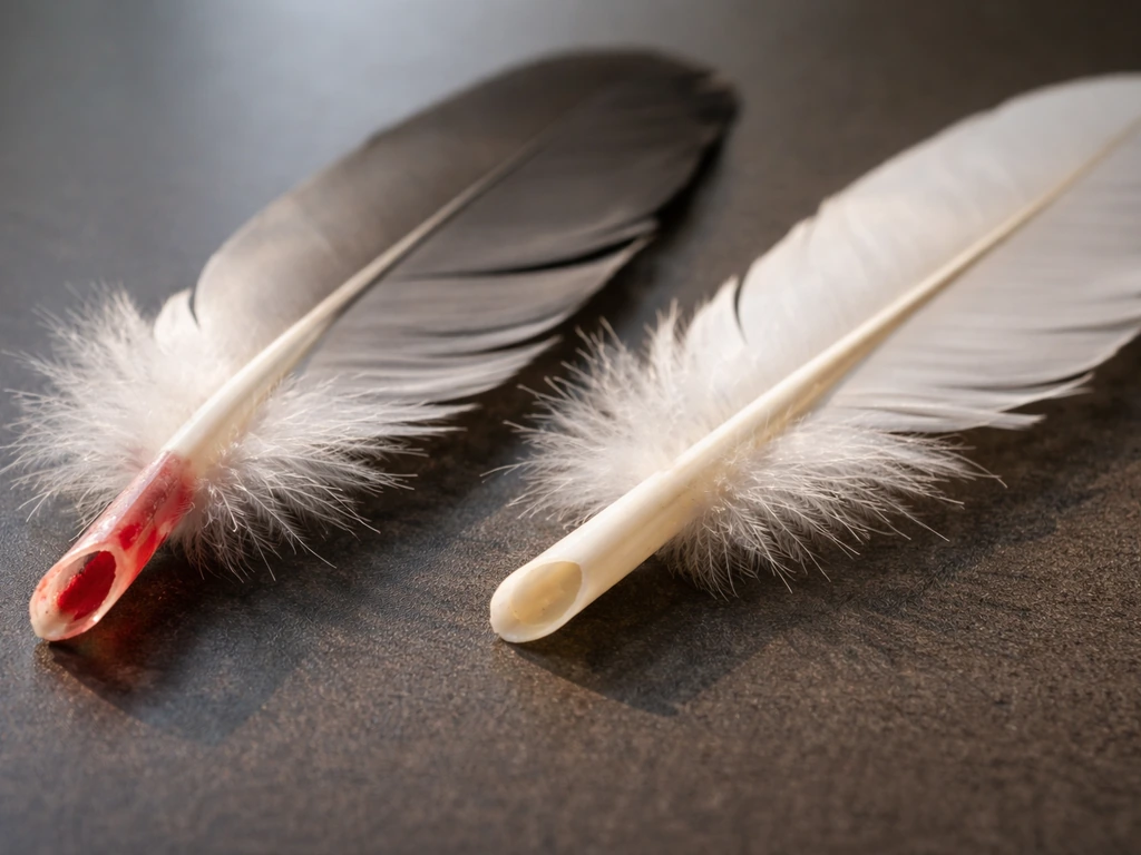 Close-up of two bird feathers on a tabletop—one with a red-tinted blood shaft, one mature pale shaft.