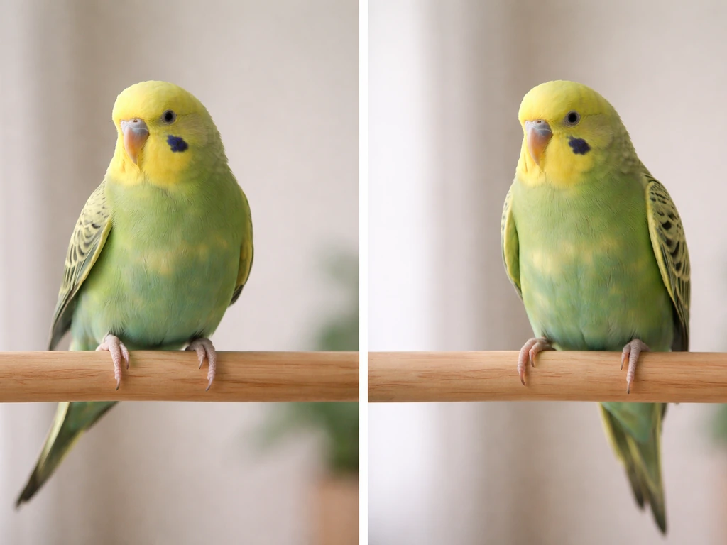 Two small birds on a perch: left wing feathers look shortened, right wing feathers look full and normal.