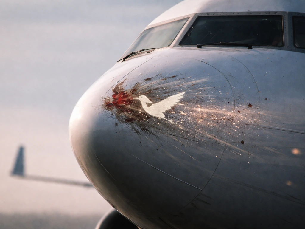 Close-up of an aircraft nose edge with a bird-strike impact cue and tiny sparks/dust at the leading edge.