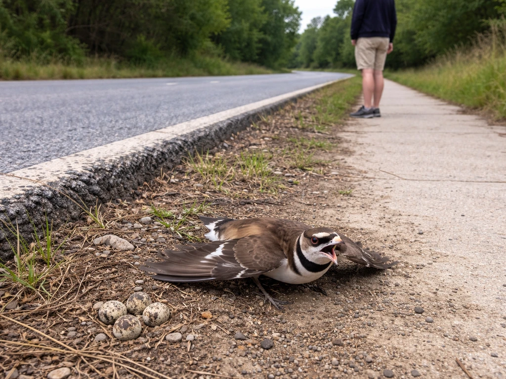 Defensive ground-nesting bird near a nest while a person stays at a safe distance by a roadside path.
