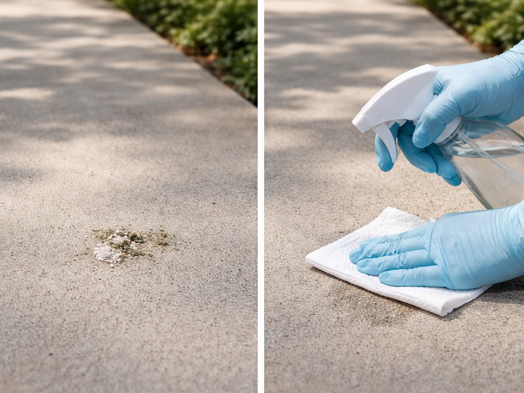 Split-screen photo: droppings on concrete on the left; gloved hand cleaning with spray and towel on the right.
