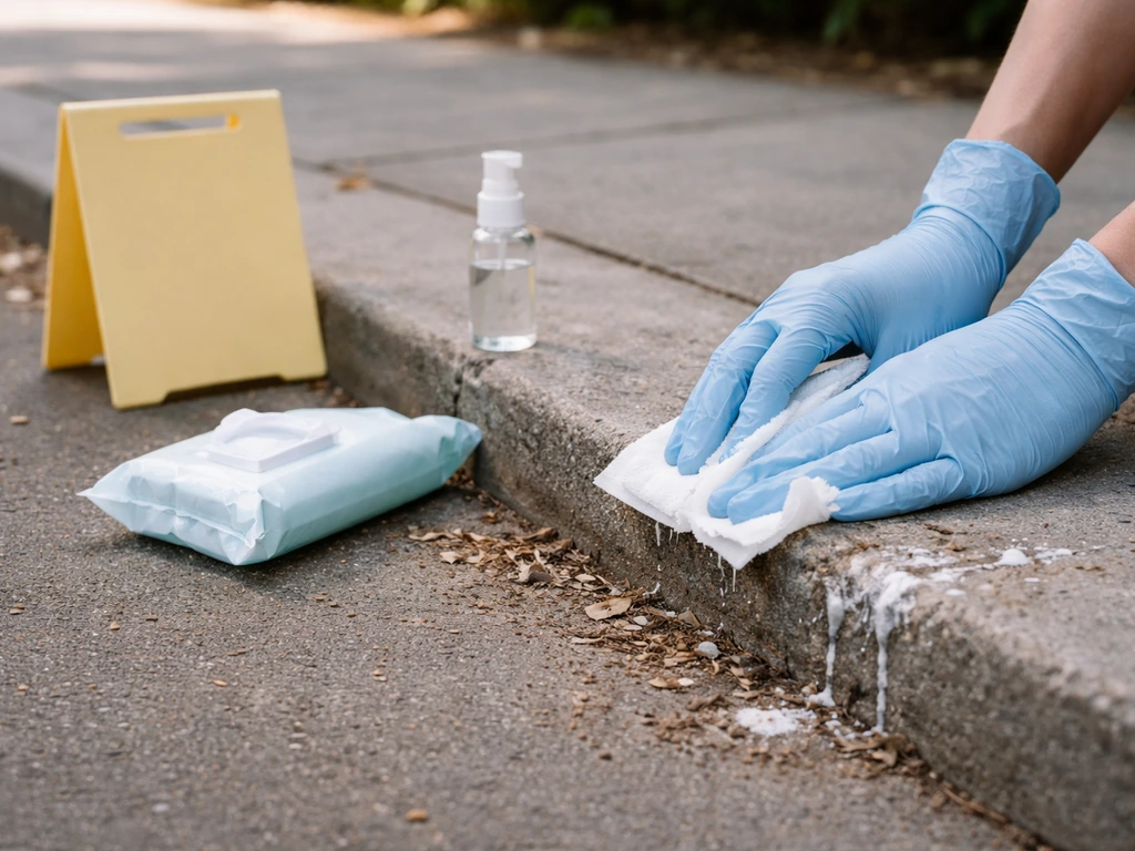 Gloved hands in a mask wipe away bird droppings with disinfecting wipes outdoors beside a blank caution placard.