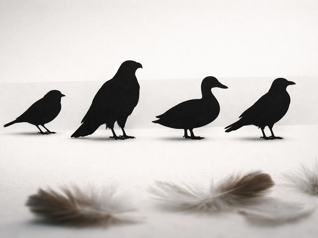Minimal photo-style split view of several distinct bird silhouettes on a plain background.