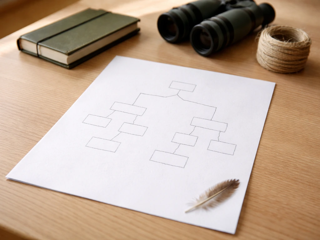 Blank paper on a desk showing a simple branching decision layout, with wildlife items nearby.