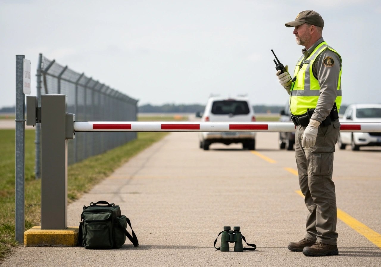 Wildlife officer in an airport-like service area holding a radio near a closed gate, showing selective management contex
