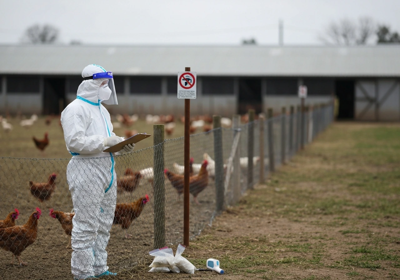 Health worker in protective gear near poultry pens during an avian disease surveillance field check.
