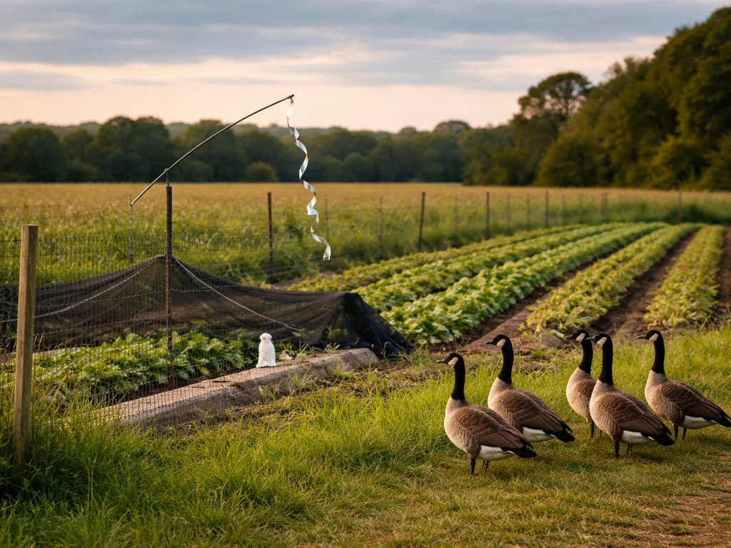 Canada geese near a fenced farm field with netting and scare deterrents for crop protection